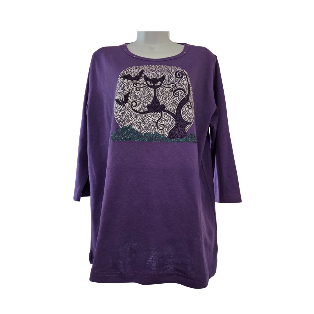 Blingy Purple Top Cat Halloween 3/4 Sleeve Tee