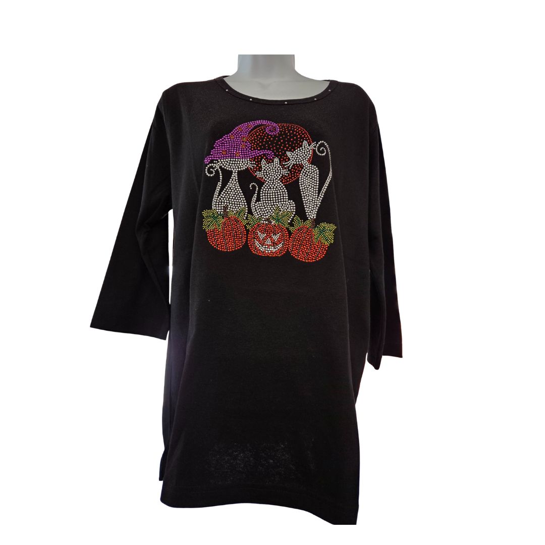 Blingy Black 3 Cats Halloween 3/4 Sleeve Tee