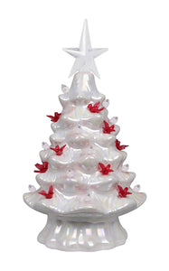 7.5" White Ceramic Light Up Tree With Cardinals