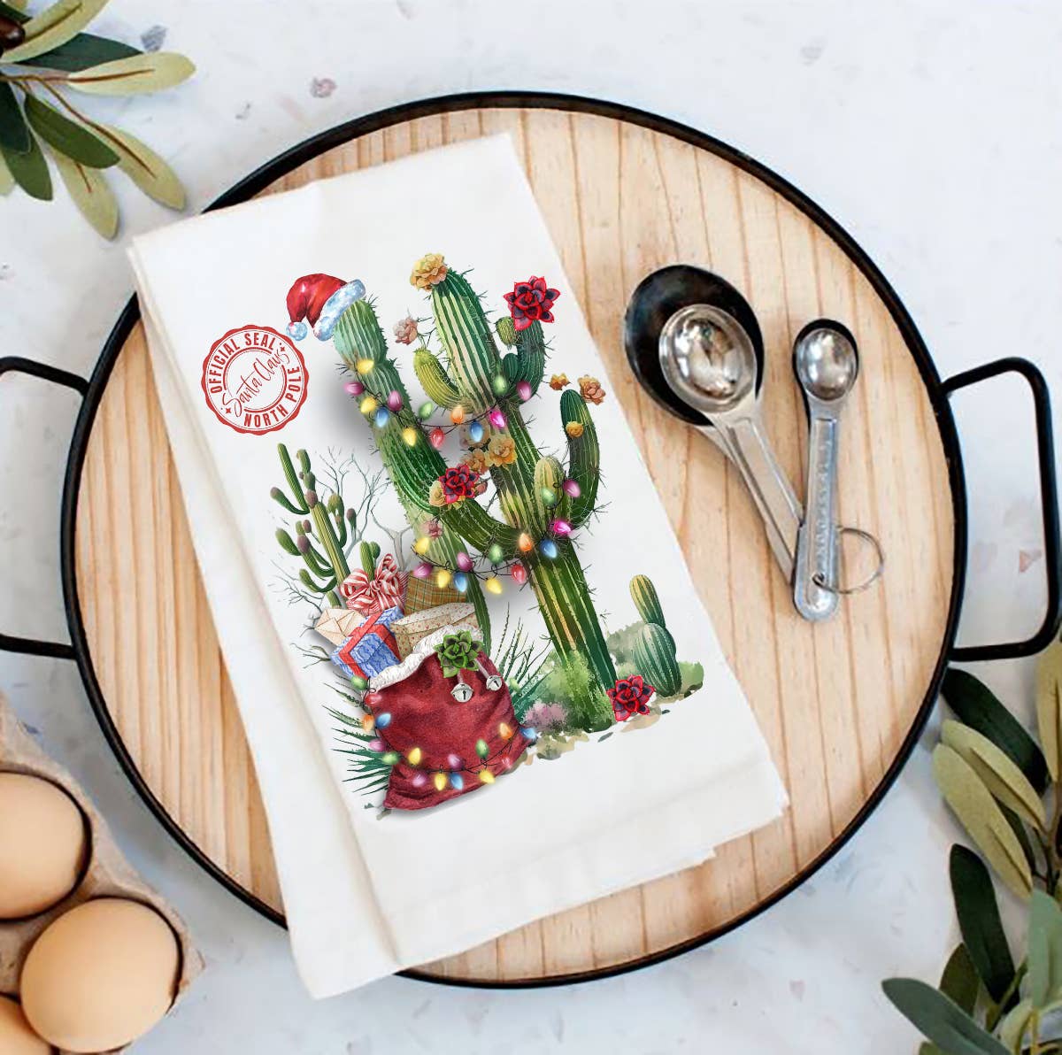 Christmas Santa Saguaro Cactus Western Flour Sack Tea Towel