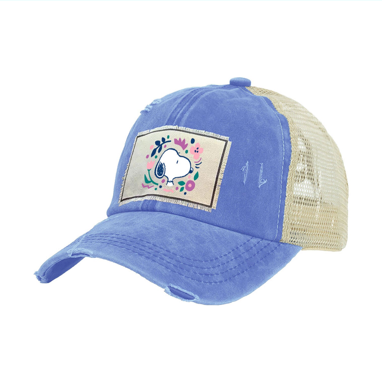 Brief Insanity Peanuts Snoopy With Flowers Blue Distressed Trucker Hat