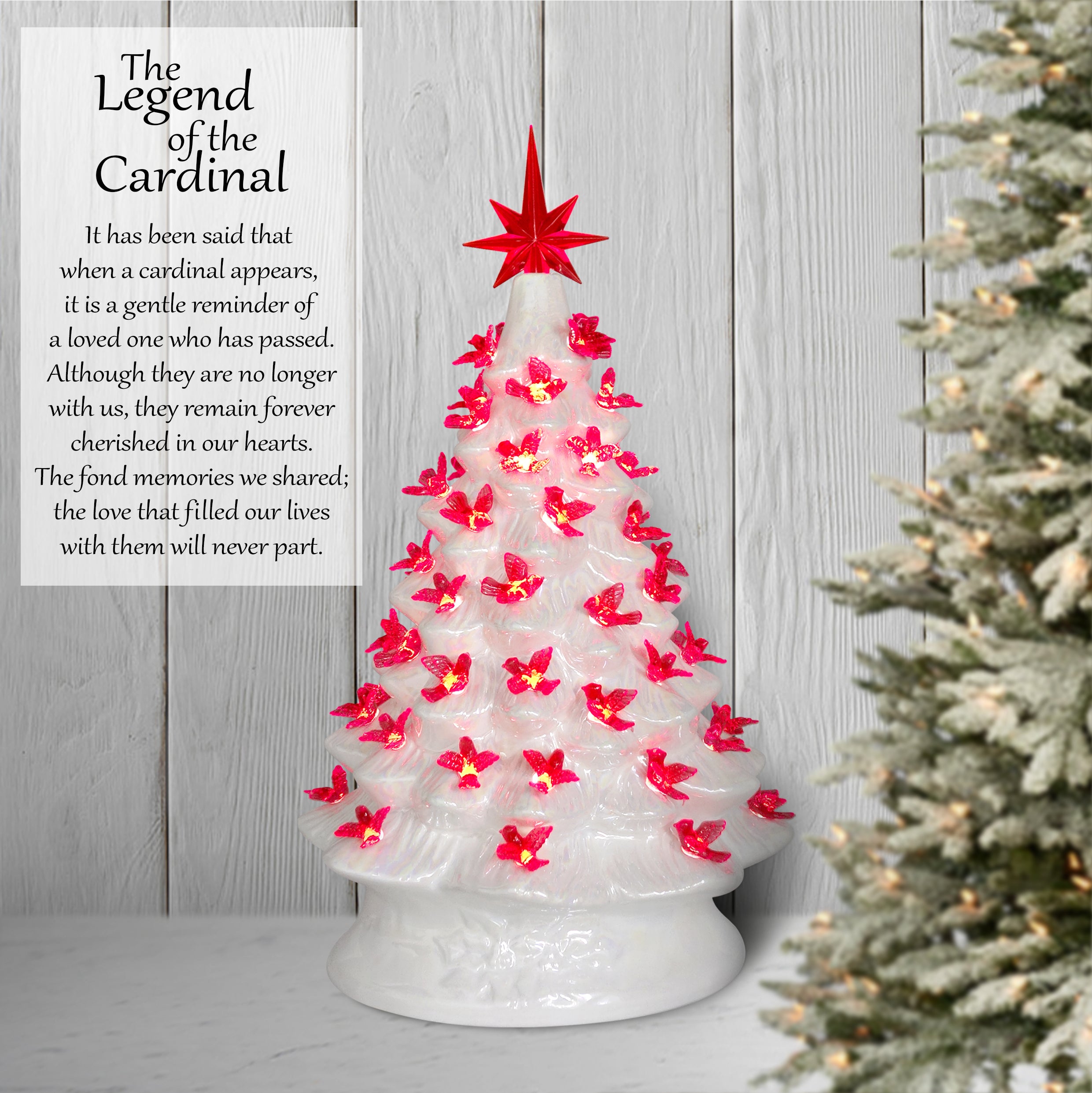 16" IRIDESCENT WHITE TREE WITH RED CARDINAL BULBS