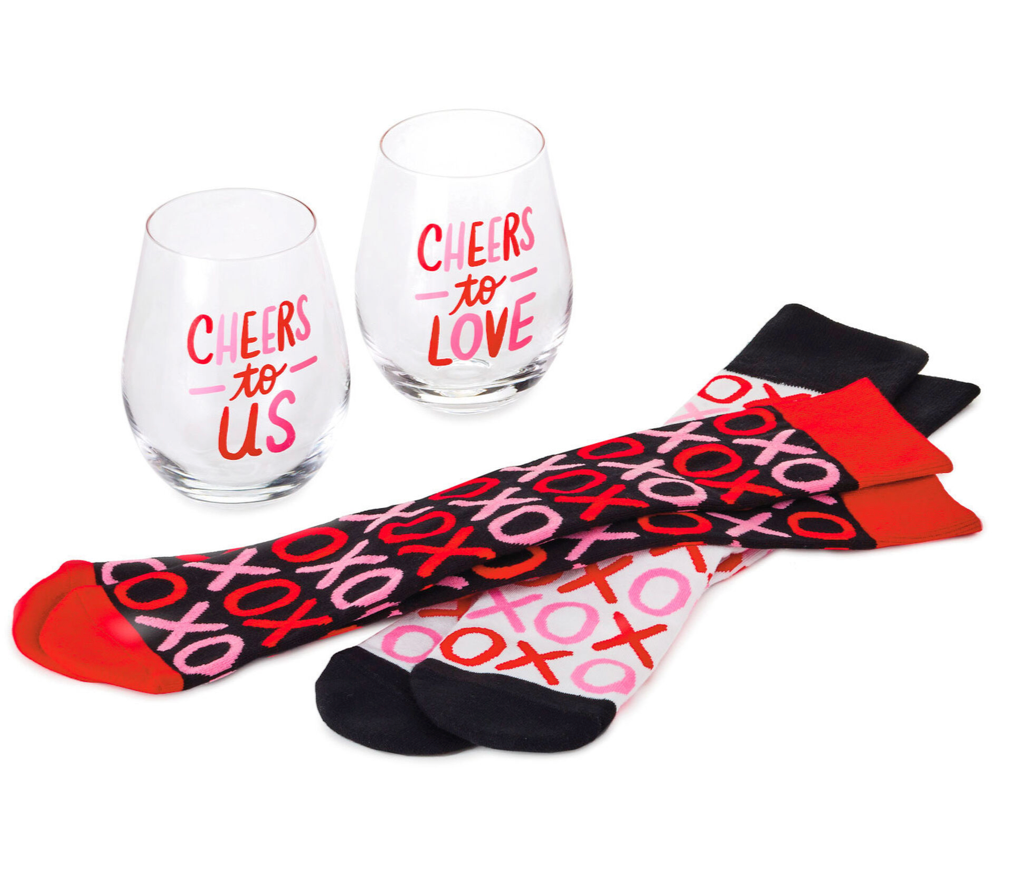 Wine Night Valentine's Day Socks and Wine Glasses, Set of 4