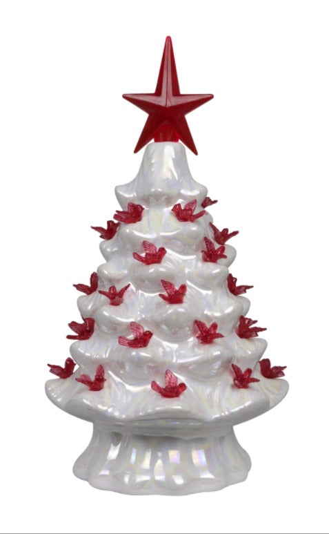 7.5" Iridescent White Christmas Tree with Red Cardinal Bulbs